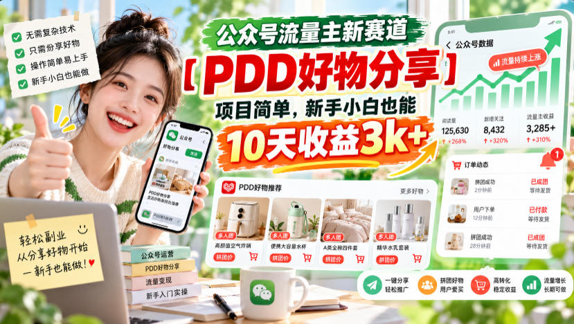公众号流量主新赛道【PDD好物分享】，项目简单，新手小白也能10天收益3k+-虚拟资料库