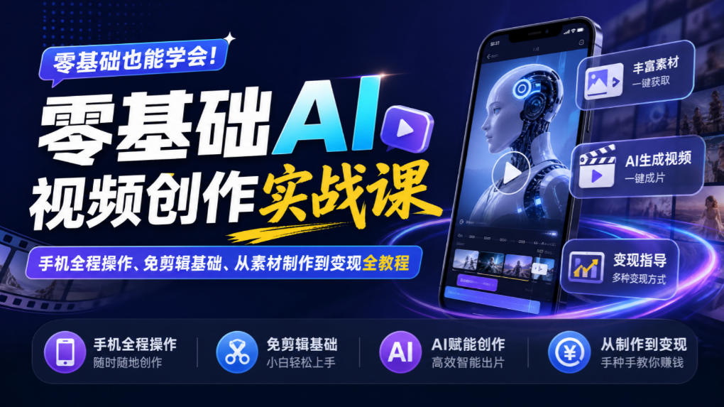 零基础AI视频创作实战课｜手机全程操作、免剪辑基础、从素材制作到变现全教程​-虚拟资料库