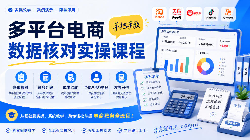 多平台电商数据核对实操课程，手把手教账单核对、账务处理、成本结转、个体户税务申报与发票开具-虚拟资料库