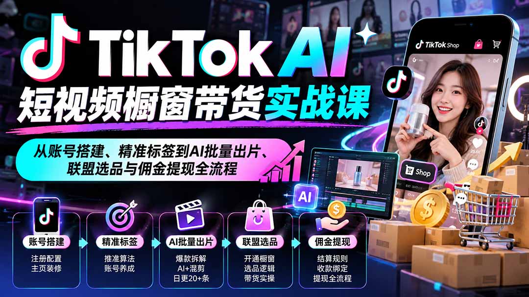 TikTok AI短视频橱窗带货实战课：从账号搭建、精准标签到AI批量出片、联盟选品与佣金提现全流程-虚拟资料库
