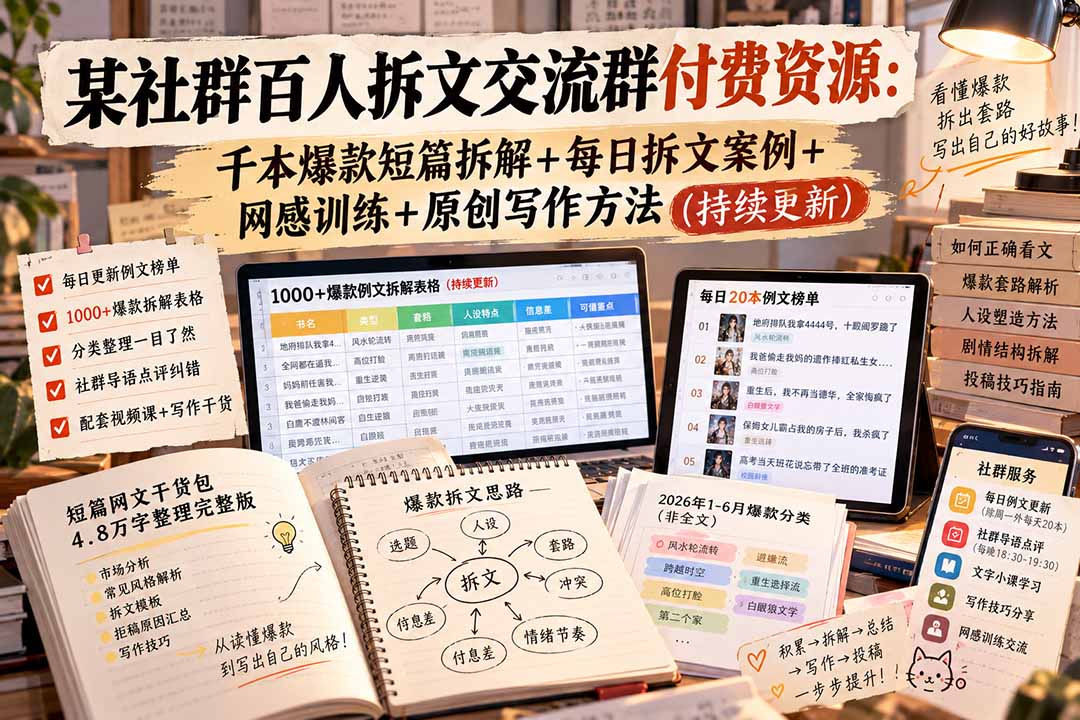 某社群百人拆文交流群付费资源-更新0929：千本爆款短篇拆解+每日拆文案例+网感训练+原创写作方法-虚拟资料库