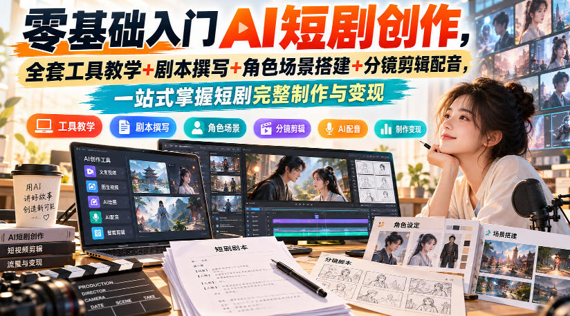 零基础入门AI短剧创作，全套工具教学+剧本撰写+角色场景搭建+分镜剪辑配音，一站式掌握短剧完整制作与变现-虚拟资料库