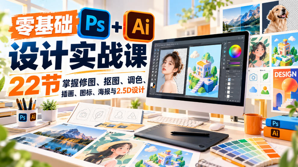【无水印】零基础PS+AI设计实战课｜22节掌握修图、抠图、调色、插画、图标、海报与2.5D设计-虚拟资料库