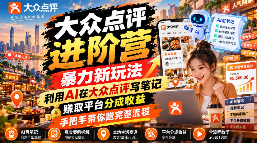 大众点评进阶营，暴力新玩法，利用AI在大众点评写笔记， 賺取平台分成收益，手把手带你跑完整流程-虚拟资料库