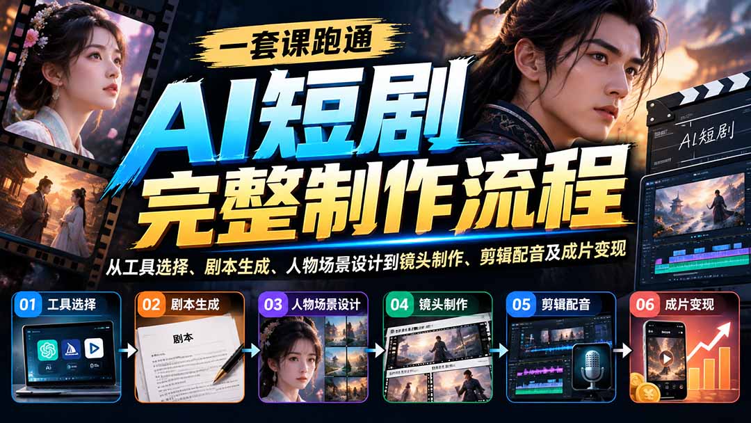 一套课跑通AI短剧完整制作流程：从工具选择、剧本生成、人物场景设计到镜头制作、剪辑配音及成片变现-虚拟资料库