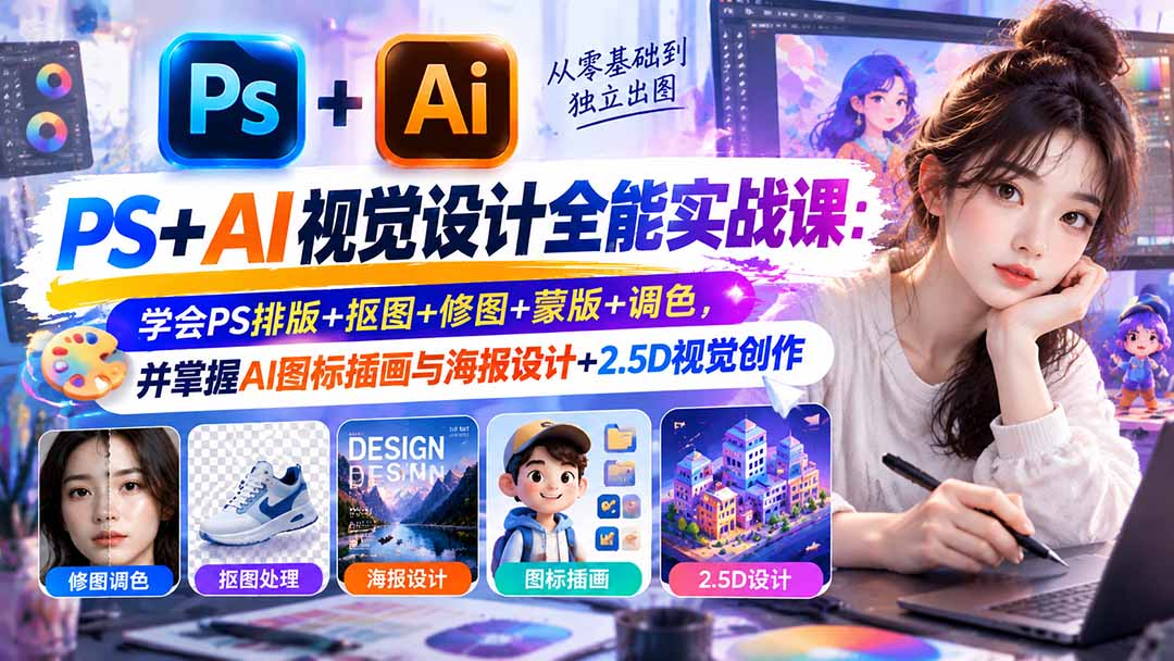 【无水印】PS+AI视觉设计全能实战课：学会PS排版+抠图+修图+蒙版+调色，并掌握AI图标插画与海报设计+2.5D视觉创作-虚拟资料库