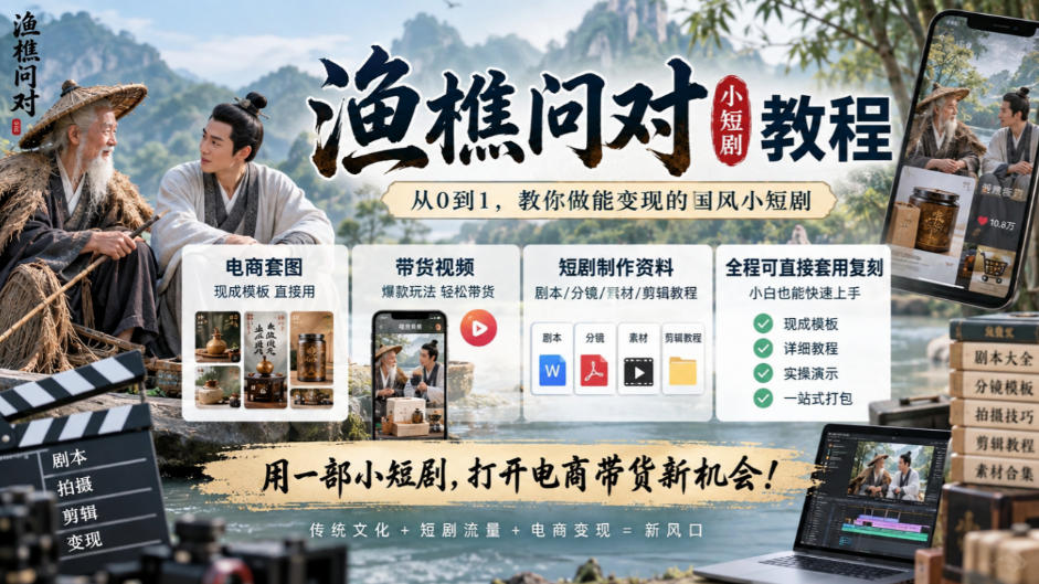 渔樵问对小短剧教程，包含电商套图、带货视频，短剧制作资料，全程可直接套用复刻-虚拟资料库