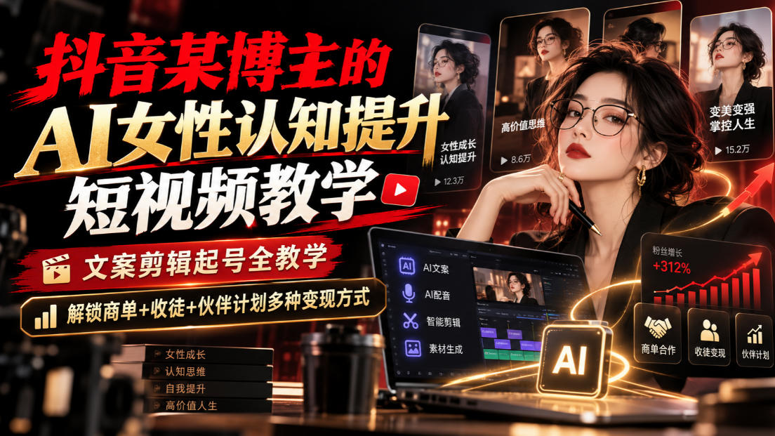 抖音某博主的Ai女性认知提升短视频教学,文案剪辑起号全教学,解锁商单+收徒+伙伴计划多种变现方式-虚拟资料库