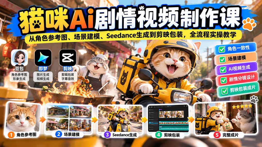 猫咪AI剧情视频制作课:从角色参考图、场景建模、Seedance生成到剪映包装,全流程实操教学-虚拟资料库