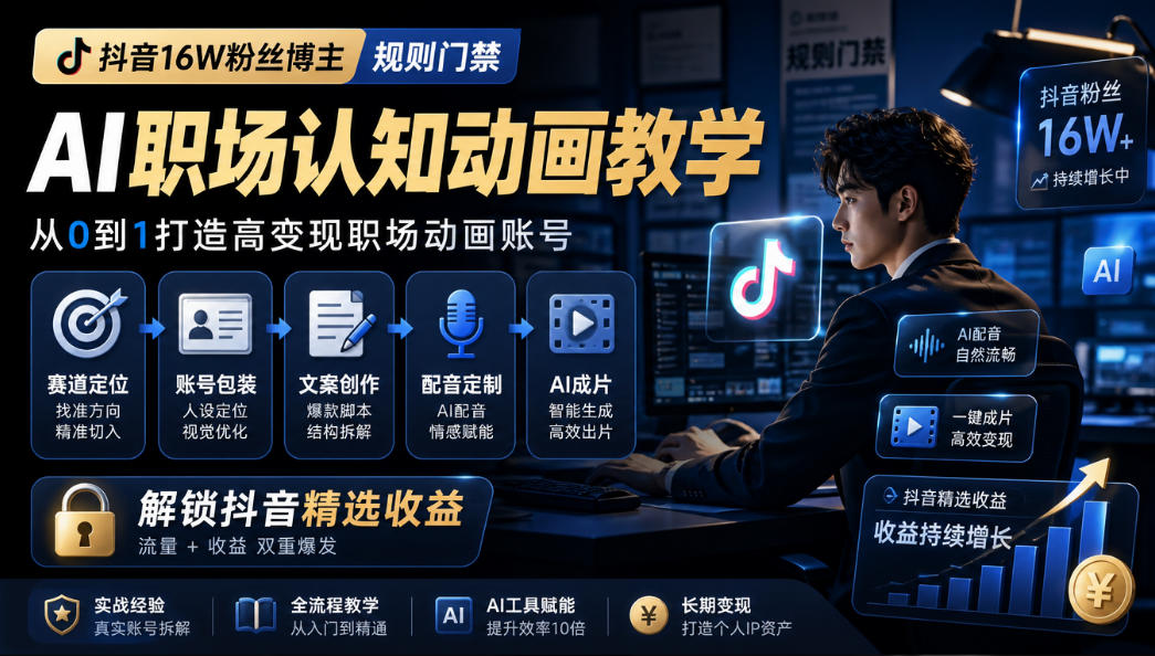 抖音16W粉丝博主规则门禁的AI职场认知动画教学,从赛道定位、账号包装,到文案创作、配音定制、AI成片,解锁抖音精选收益