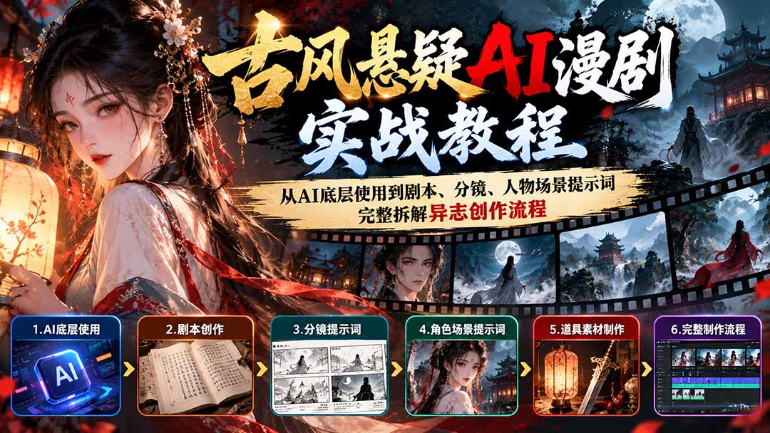 古风悬疑AI漫剧实战教程：从AI底层使用到剧本、分镜、人物场景提示词，完整拆解异志创作流程-虚拟资料库