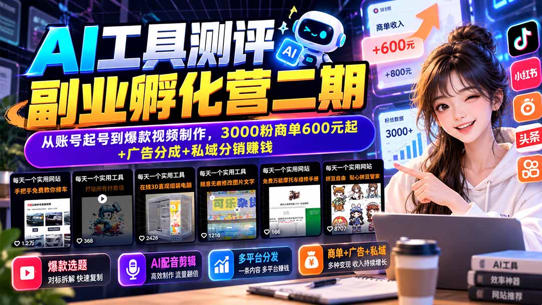 AI工具测评副业孵化营二期：从账号起号到爆款视频制作，3000粉商单600元起+广告分成+私域分销赚钱-虚拟资料库