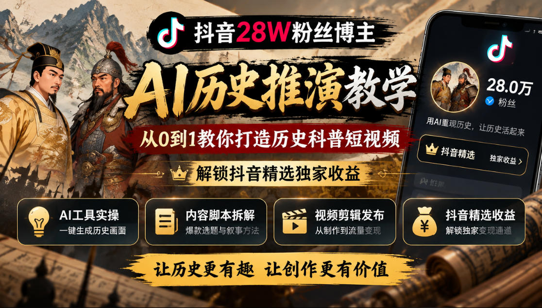 抖音28W粉丝博主的AI历史推演教学，从0到1教你打造历史科普短视频，解锁抖音精选独家收益-虚拟资料库