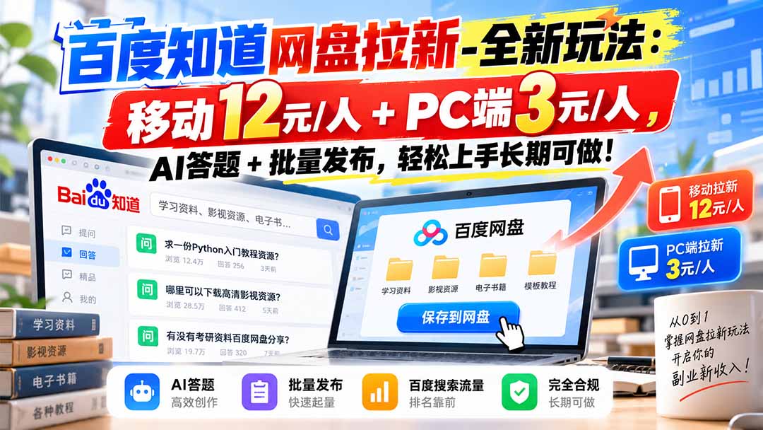 百度知道网盘拉新-全新玩法：移动12元/人+PC端3元/人，AI答题+批量发布，轻松上手长期可做！-虚拟资料库