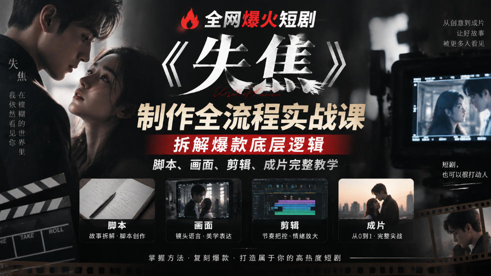 全网爆火短剧《失焦》制作全流程实战课｜拆解爆款底层逻辑，脚本、画面、剪辑、成片完整教学-虚拟资料库